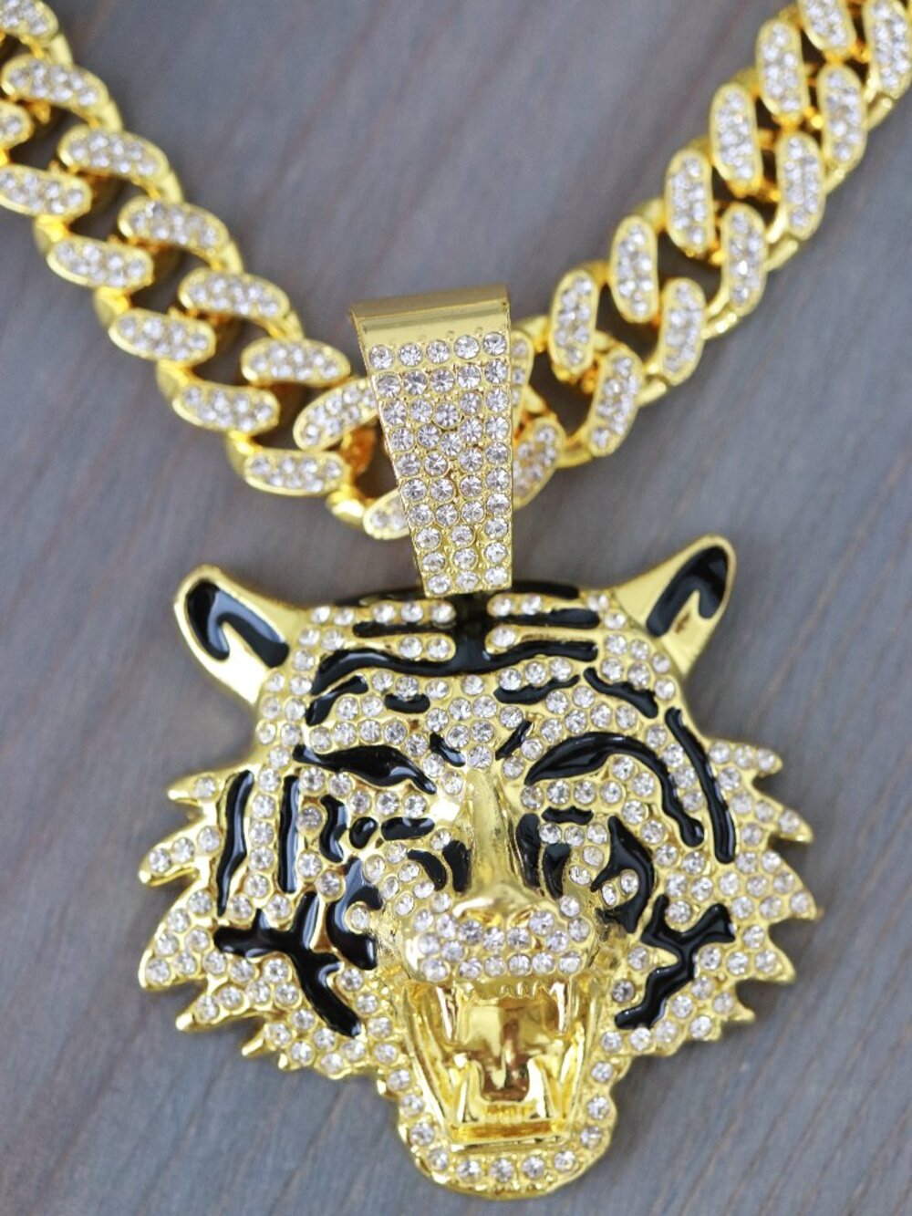 Tiger Ice Pendant Necklace 13mm 20inches Cuban Ice Round 18k Gold Plated